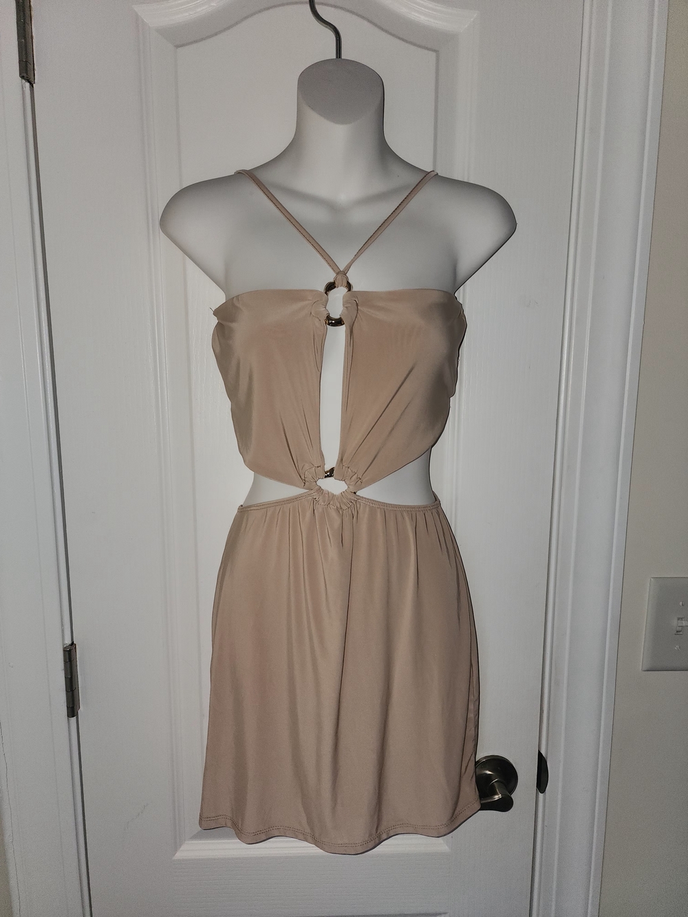 PrettyLittleThing Beige Cutout Halter Mini Dress with Ring Detail